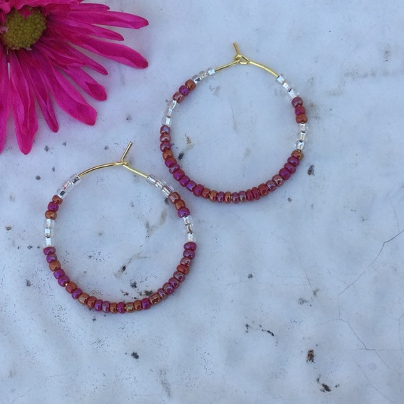 Pink Beaded Hoops - Picture 1 of 2